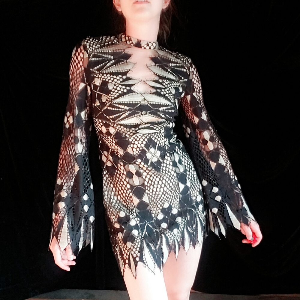 Free People Bell Sleeve black and tan dress